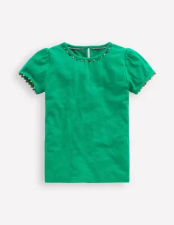 Tops & T-Shirts-Boden Ali Puff Sleeve Pom T-shirt-Bright Emerald BrightEmerald