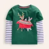 Tops, T-Shirts & Polos-Boden Applique Mock Sleeve T-Shirt-Jewel Green Festive Animals JewelGreenFestiveAnimals