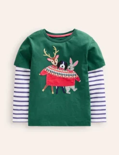 Tops, T-Shirts & Polos-Boden Applique Mock Sleeve T-Shirt-Jewel Green Festive Animals JewelGreenFestiveAnimals
