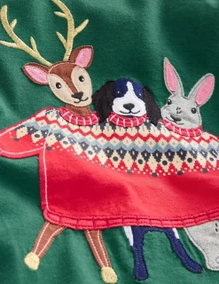 Tops, T-Shirts & Polos-Boden Applique Mock Sleeve T-Shirt-Jewel Green Festive Animals JewelGreenFestiveAnimals