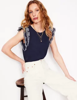 Nightwear & Lougewear | T-Shirts & Tanks-Boden Belle Broderie Sleeve Top- Navy