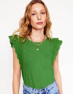 Nightwear & Lougewear | T-Shirts & Tanks-Boden Belle Broderie Sleeve Top-Paradise Green ParadiseGreen