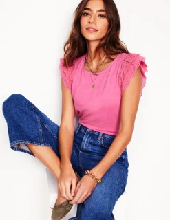 Nightwear & Lougewear | T-Shirts & Tanks-Boden Belle Broderie Sleeve Top-Pink Rose PinkRose