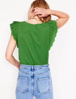 Nightwear & Lougewear | T-Shirts & Tanks-Boden Belle Broderie Sleeve Top-Paradise Green ParadiseGreen