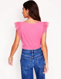 Nightwear & Lougewear | T-Shirts & Tanks-Boden Belle Broderie Sleeve Top-Pink Rose PinkRose