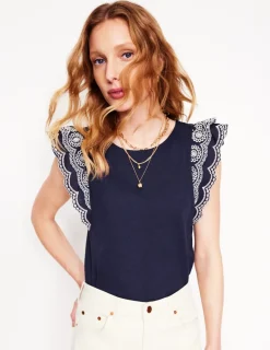 Nightwear & Lougewear | T-Shirts & Tanks-Boden Belle Broderie Sleeve Top- Navy