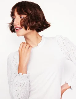 T-Shirts & Tanks | Tops & Blouses-Boden Broderie Sleeve Frill Neck Top- White