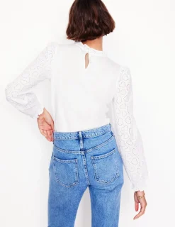 T-Shirts & Tanks | Tops & Blouses-Boden Broderie Sleeve Frill Neck Top- White