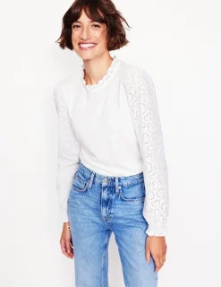 T-Shirts & Tanks | Tops & Blouses-Boden Broderie Sleeve Frill Neck Top- White