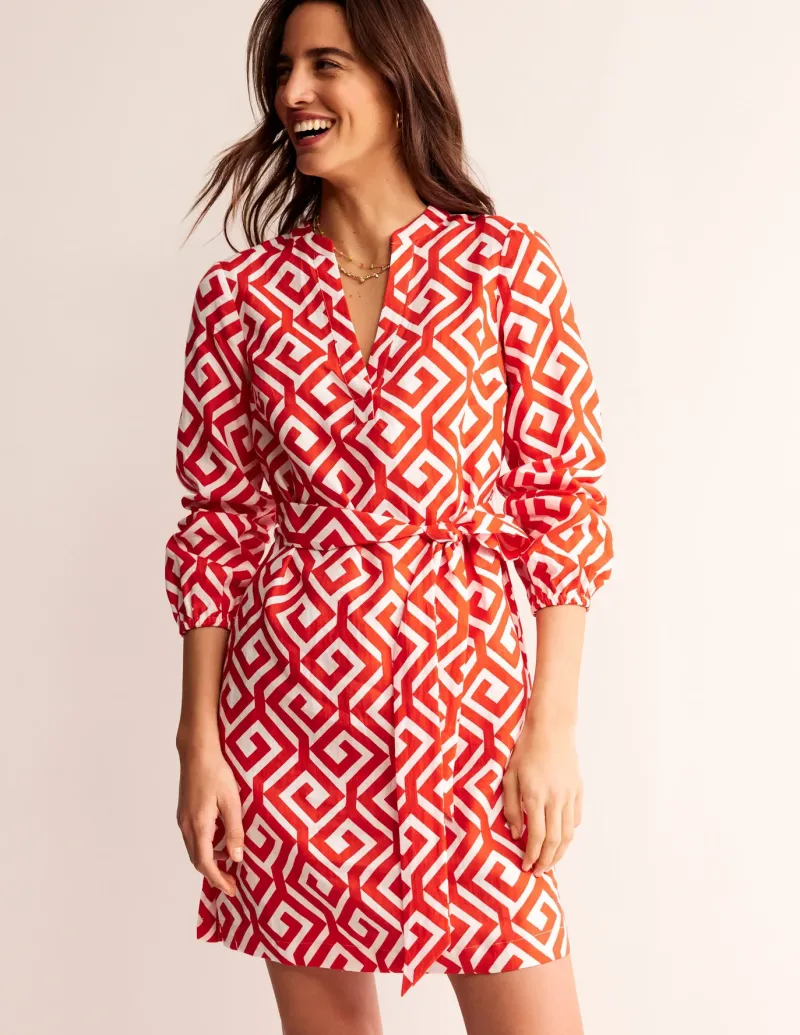 Dresses & Jumpsuits-Boden Cleo Tie Waist Linen Dress-Flame Scarlet, Maze FlameScarlet,Maze
