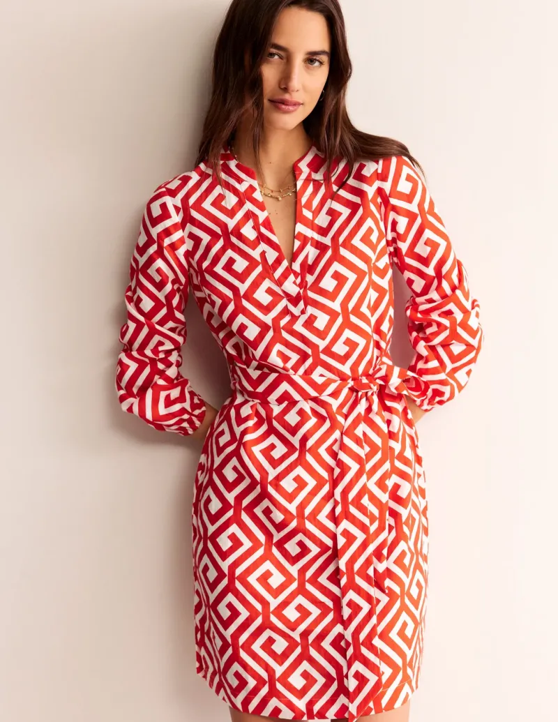 Dresses & Jumpsuits-Boden Cleo Tie Waist Linen Dress-Flame Scarlet, Maze FlameScarlet,Maze