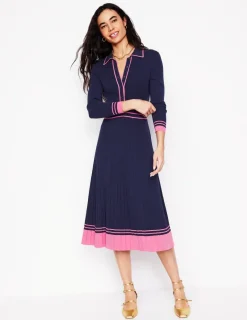 Dresses & Jumpsuits | Midi-Boden Collared Pleated Knitted Dress-Navy/Pink Colourblock Navy/PinkColourblock