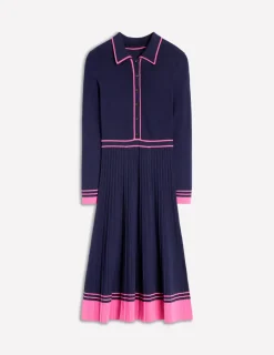 Dresses & Jumpsuits | Midi-Boden Collared Pleated Knitted Dress-Navy/Pink Colourblock Navy/PinkColourblock