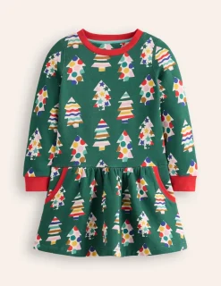 Dresses-Boden Cosy Printed Sweatshirt Dress-Jewel Green Christmas Trees JewelGreenChristmasTrees