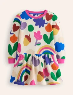 Dresses-Boden Cosy Printed Sweatshirt Dress-Multi Rainbow Collage MultiRainbowCollage