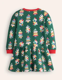 Dresses-Boden Cosy Printed Sweatshirt Dress-Jewel Green Christmas Trees JewelGreenChristmasTrees