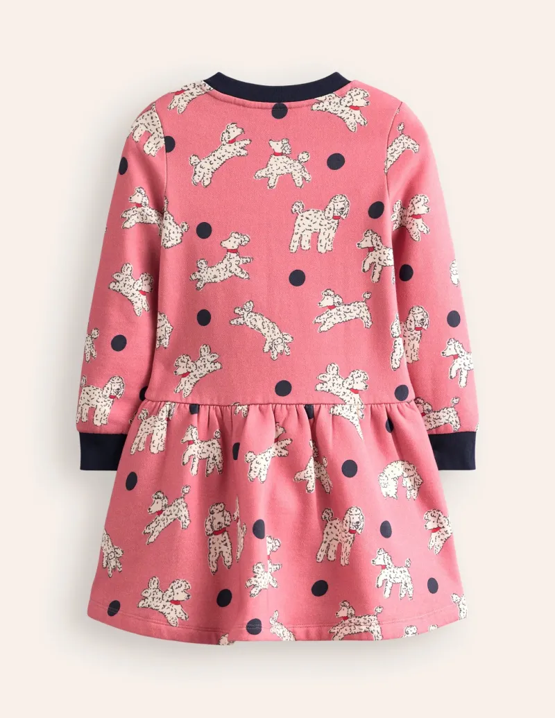 Dresses-Boden Cosy Printed Sweatshirt Dress-Almond Pink Poodles AlmondPinkPoodles