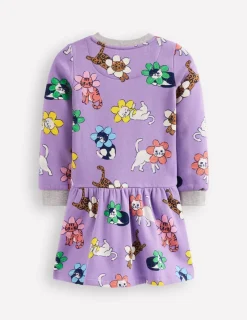 Dresses-Boden Cosy Printed Sweatshirt Dress-Aster Purple Flower Cat AsterPurpleFlowerCat