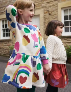 Dresses-Boden Cosy Printed Sweatshirt Dress-Multi Rainbow Collage MultiRainbowCollage
