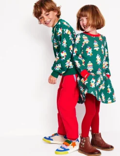 Dresses-Boden Cosy Printed Sweatshirt Dress-Jewel Green Christmas Trees JewelGreenChristmasTrees