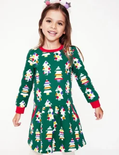 Dresses-Boden Cosy Printed Sweatshirt Dress-Jewel Green Christmas Trees JewelGreenChristmasTrees