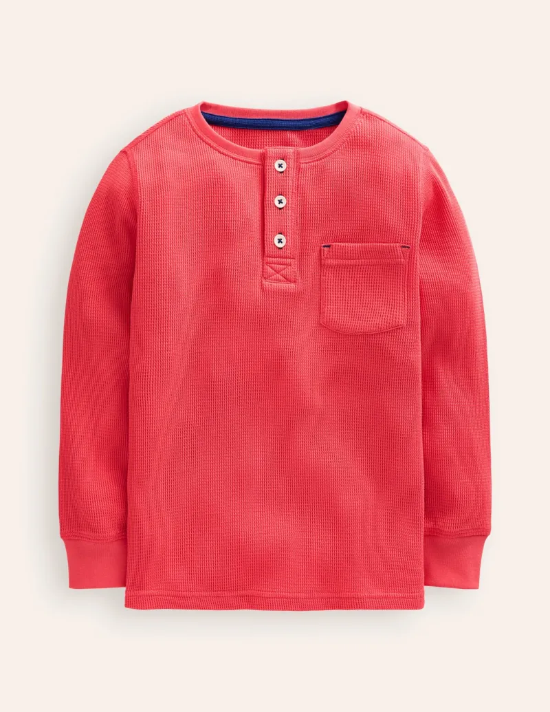 Tops, T-Shirts & Polos-Boden Cosy Waffle Henley T-Shirt-Jam Red JamRed
