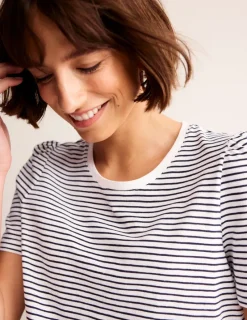 Nightwear & Lougewear | T-Shirts & Tanks-Boden Cotton Puff Sleeve T-Shirt-Ivory, Navy Stripe Ivory,NavyStripe