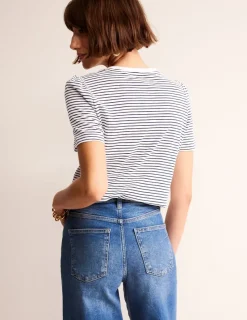 Nightwear & Lougewear | T-Shirts & Tanks-Boden Cotton Puff Sleeve T-Shirt-Ivory, Navy Stripe Ivory,NavyStripe