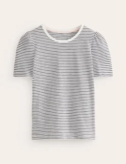 Nightwear & Lougewear | T-Shirts & Tanks-Boden Cotton Puff Sleeve T-Shirt-Ivory, Navy Stripe Ivory,NavyStripe