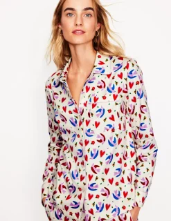 Nightwear & Lougewear-Boden Cotton Sateen Pajama Shirt-Ivory, Heart Flutter Ivory,HeartFlutter