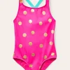 Swimwear & Beachwear-Boden Cross-Back Printed Swimsuit-Fuchsia Pink, Gold Foil Spot FuchsiaPink,GoldFoilSpot