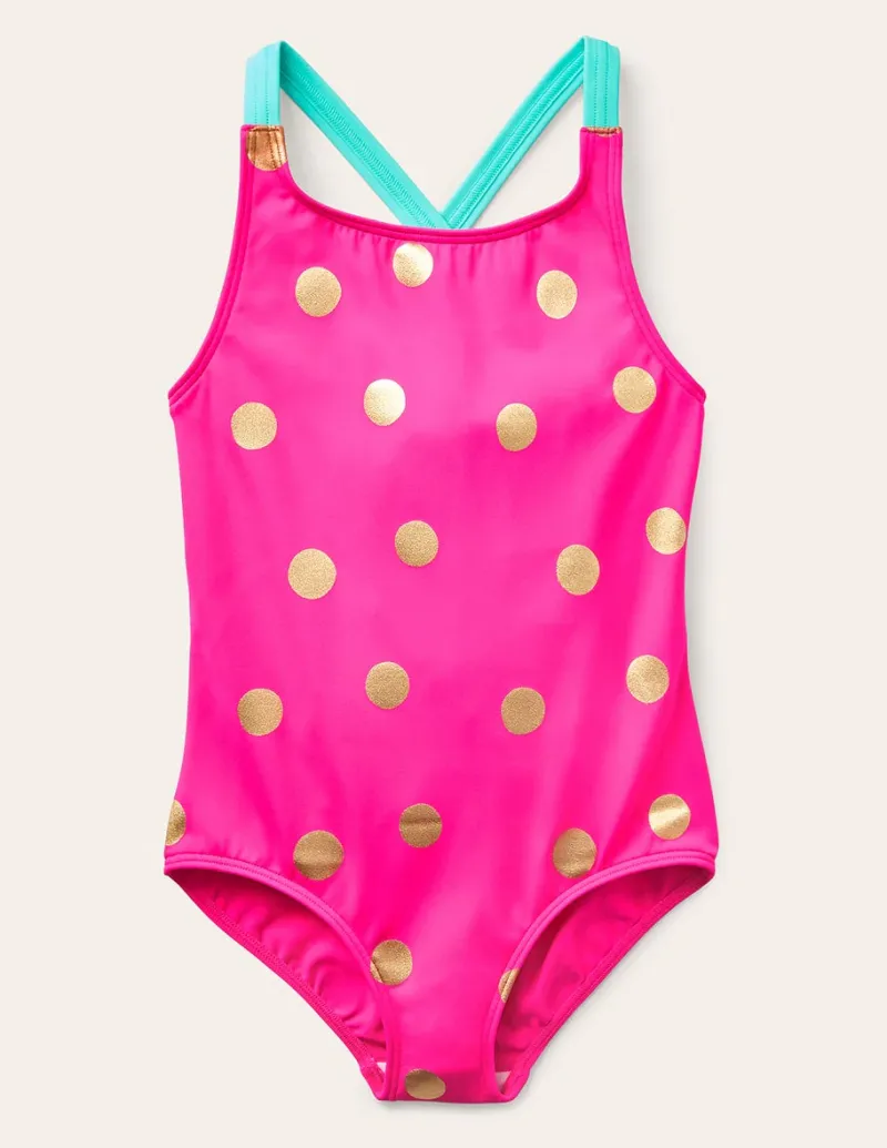 Swimwear & Beachwear-Boden Cross-Back Printed Swimsuit-Fuchsia Pink, Gold Foil Spot FuchsiaPink,GoldFoilSpot