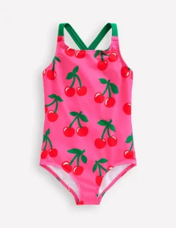 Swimwear & Beachwear-Boden Cross-Back Printed Swimsuit-Sorbet Pink Cherries SorbetPinkCherries