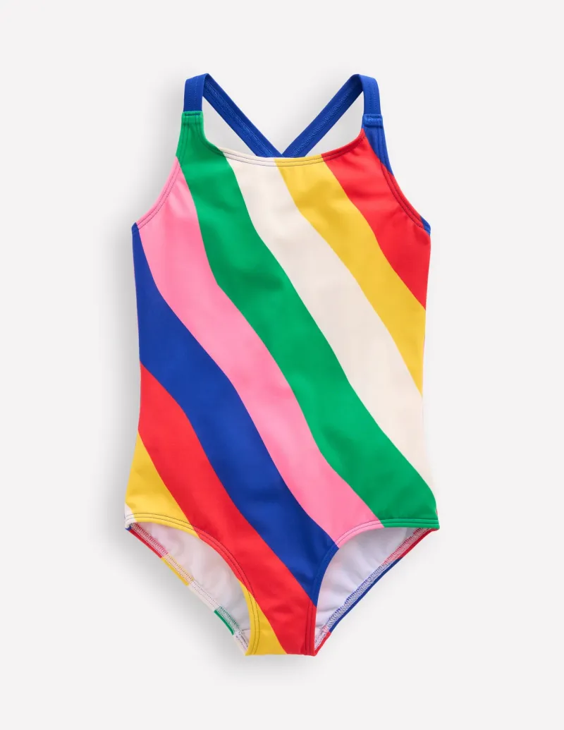 Swimwear & Beachwear-Boden Cross-Back Printed Swimsuit-Multi Rainbow Swirl MultiRainbowSwirl
