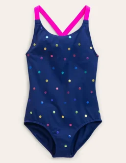 Swimwear & Beachwear-Boden Cross-Back Printed Swimsuit-Navy, Rainbow Foil Confetti Navy,RainbowFoilConfetti