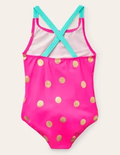 Swimwear & Beachwear-Boden Cross-Back Printed Swimsuit-Fuchsia Pink, Gold Foil Spot FuchsiaPink,GoldFoilSpot