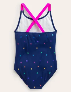 Swimwear & Beachwear-Boden Cross-Back Printed Swimsuit-Navy, Rainbow Foil Confetti Navy,RainbowFoilConfetti