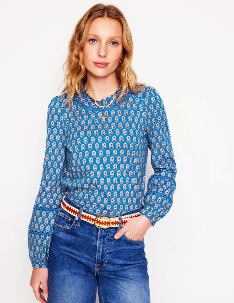 T-Shirts & Tanks | Tops & Blouses-Boden Daisy Long Sleeve Top-Gallery Blue, Camellia Stamp GalleryBlue,CamelliaStamp