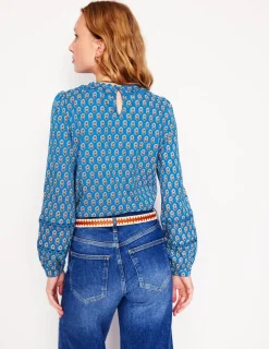 T-Shirts & Tanks | Tops & Blouses-Boden Daisy Long Sleeve Top-Gallery Blue, Camellia Stamp GalleryBlue,CamelliaStamp