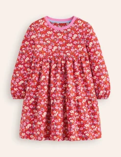 Dresses-Boden Dixie Tiered Sweatshirt Dress-Brilliant Red Flowerbed BrilliantRedFlowerbed