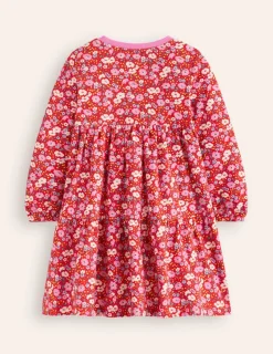 Dresses-Boden Dixie Tiered Sweatshirt Dress-Brilliant Red Flowerbed BrilliantRedFlowerbed