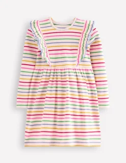 Dresses-Boden Doris Ruffle Rib Jersey Dress-Multi Rainbow Stripe MultiRainbowStripe