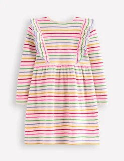 Dresses-Boden Doris Ruffle Rib Jersey Dress-Multi Rainbow Stripe MultiRainbowStripe