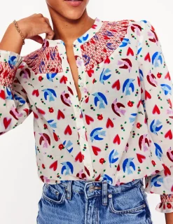 Tops & Blouses-Boden Effie Smocked Blouse-Ivory, Heart Flutter Ivory,HeartFlutter