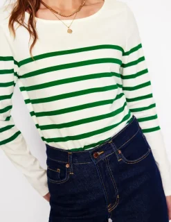 T-Shirts & Tanks | Tops & Blouses-Boden Ella Long Sleeve Breton-Ivory, Rich Emerald Ivory,RichEmerald