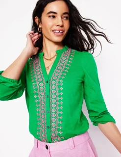 T-Shirts & Tanks | Tops & Blouses-Boden Embroidered Frill Neck Blouse-Rich Emerald RichEmerald