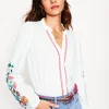T-Shirts & Tanks | Tops & Blouses-Boden Embroidered Frill Neck Blouse-White, Multi Floral Embroidery White,MultiFloralEmbroidery