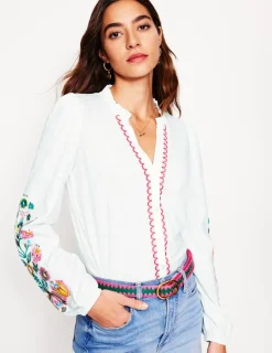 T-Shirts & Tanks | Tops & Blouses-Boden Embroidered Frill Neck Blouse-White, Multi Floral Embroidery White,MultiFloralEmbroidery
