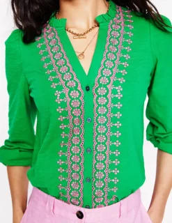 T-Shirts & Tanks | Tops & Blouses-Boden Embroidered Frill Neck Blouse-Rich Emerald RichEmerald