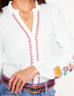 T-Shirts & Tanks | Tops & Blouses-Boden Embroidered Frill Neck Blouse-White, Multi Floral Embroidery White,MultiFloralEmbroidery